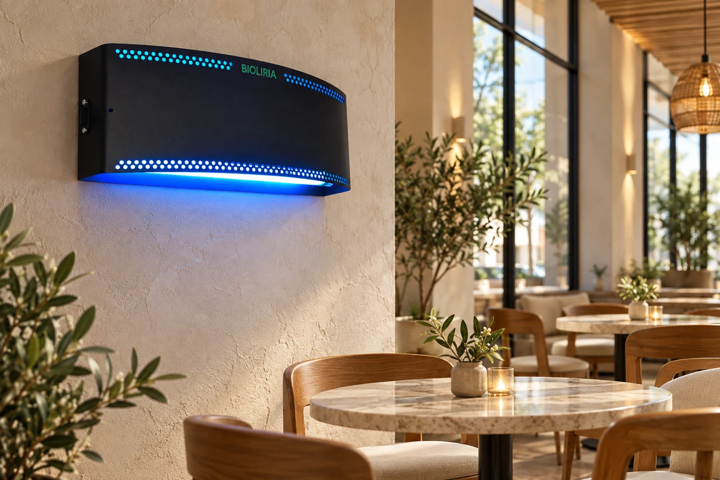 Visualización del insectocaptor Plagan DECO de BIOLIRIA Perú en una cafetería