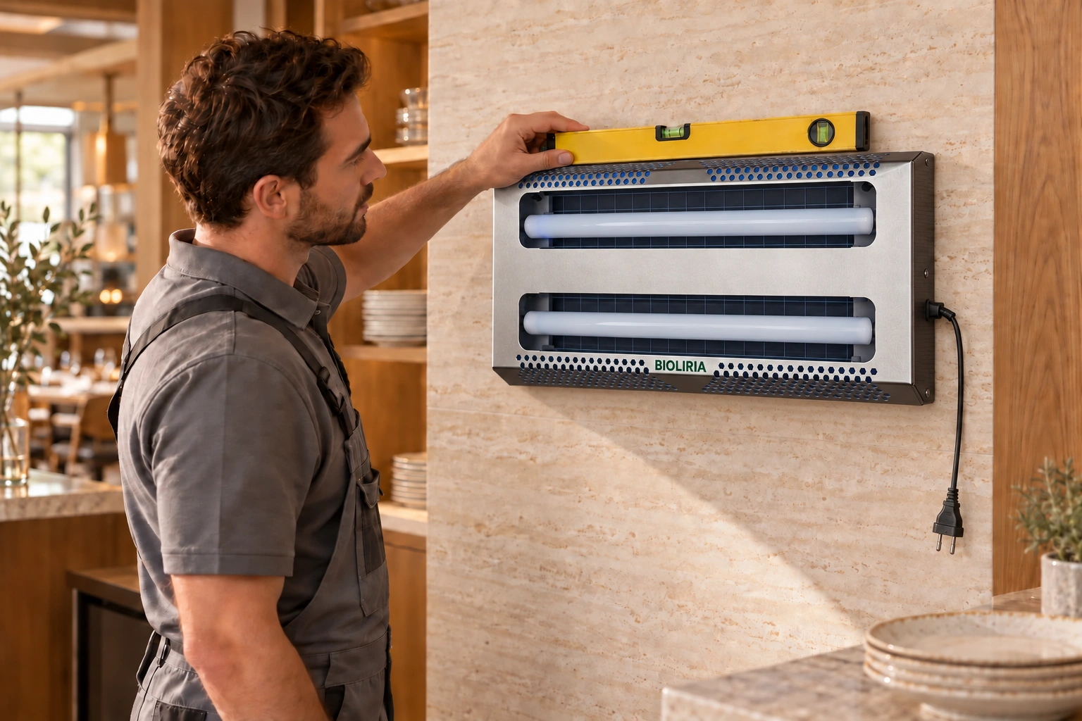 Ilustración de un técnico verificando el montaje de un capturador PLAGAN 2X15 INOX en una pared