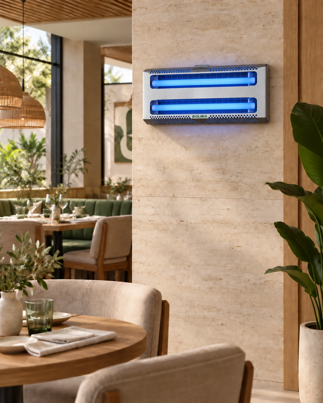 Visualización de un restaurante elegante con el capturador PLAGAN 2X15 INOX instalado en la pared